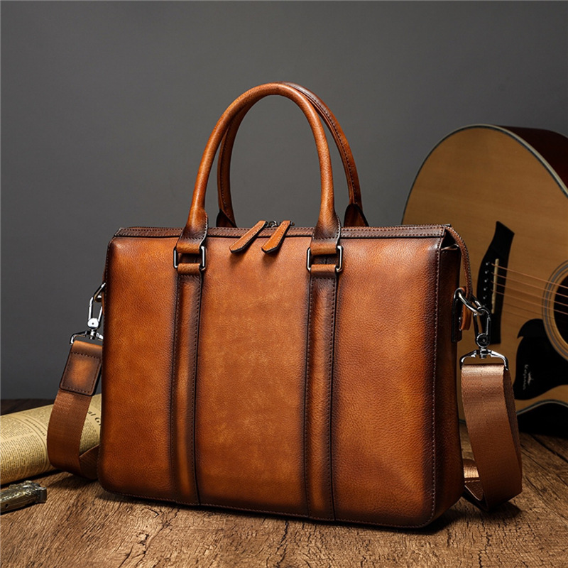 Leather Work Bag Men - YETTIES Business Top Grain Leather Briefcase