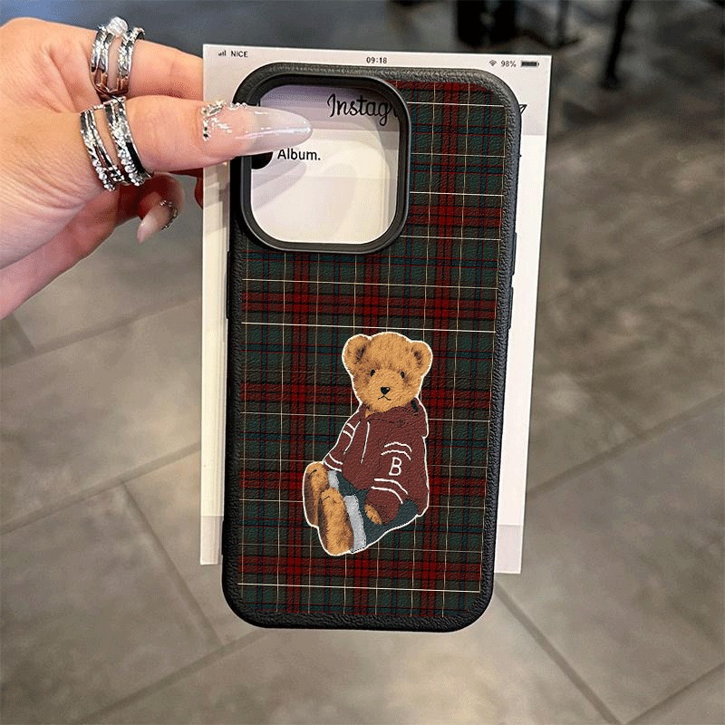 Leather X - Grid Retro Teddy Bear Pattern Lychee